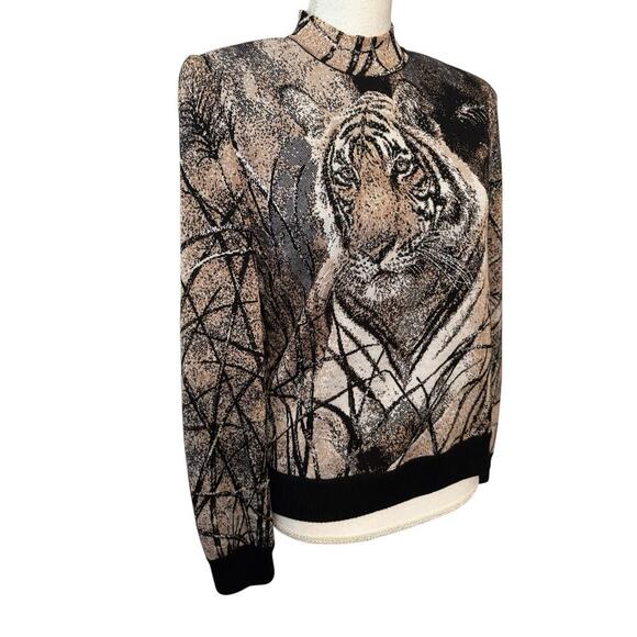 St John by Marie Grey Tiger Bling Sweater Woman S Zip Neck Metalic Bead Vinatge - Picture 2 of 6